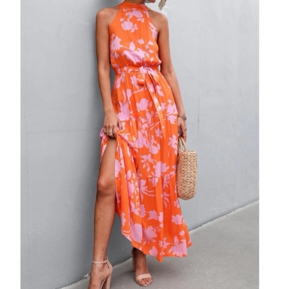 Boho pink floral print belted halter maxi dress - Picture 12 of 14